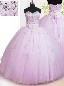 Popular Lilac Quinceanera Dress Military Ball and Sweet 16 and Quinceanera and For with Beading and Appliques Sweetheart Sleeveless Lace Up