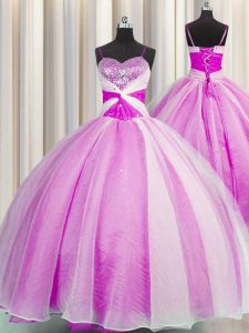 Superior Organza Spaghetti Straps Sleeveless Lace Up Beading and Sequins and Ruching Sweet 16 Dress in Fuchsia