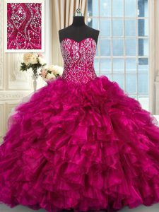 Decent Lace Up Sweet 16 Dresses Fuchsia for Military Ball and Sweet 16 and Quinceanera with Beading and Ruffles Brush Train