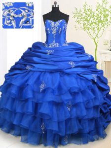 Royal Blue Sleeveless Brush Train Beading and Appliques and Ruffled Layers and Pick Ups With Train Quinceanera Dresses