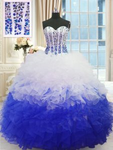 Floor Length Blue And White Sweet 16 Quinceanera Dress Organza Sleeveless Beading and Ruffles