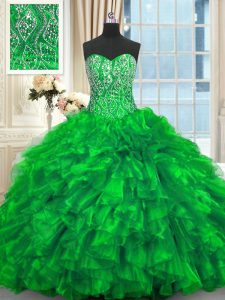 Organza Sweetheart Sleeveless Brush Train Lace Up Beading and Ruffles Sweet 16 Dress in Green