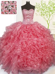 Rose Pink Sleeveless Floor Length Beading and Ruffles and Pick Ups Lace Up Quince Ball Gowns