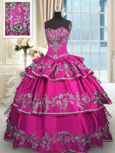 Sumptuous Sleeveless Floor Length Embroidery and Ruffled Layers Lace Up Quinceanera Dress with Fuchsia