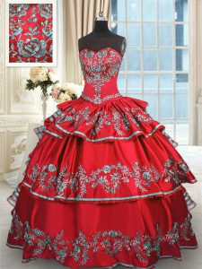 Red Ball Gowns Sweetheart Sleeveless Taffeta Floor Length Lace Up Embroidery and Ruffled Layers 15th Birthday Dress