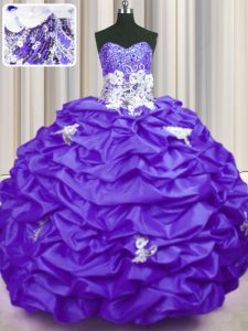 Hot Sale Purple Sleeveless With Train Appliques and Sequins and Pick Ups Lace Up Quinceanera Gown