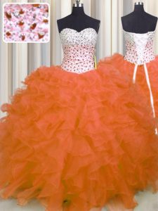 Hot Selling Sweetheart Sleeveless Quince Ball Gowns Floor Length Beading and Ruffles Orange Red Organza