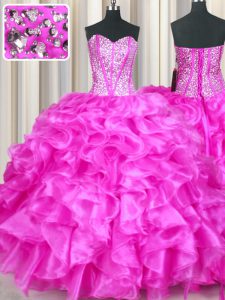 Custom Design Floor Length Fuchsia Sweet 16 Dresses Sweetheart Sleeveless Lace Up