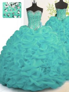 Turquoise Organza Lace Up Sweetheart Sleeveless With Train Sweet 16 Dress Brush Train Beading and Ruffles
