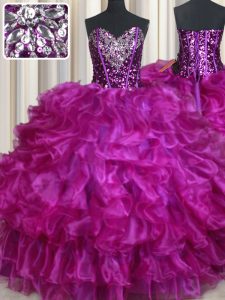 Fashion Beading and Ruffles 15th Birthday Dress Fuchsia Lace Up Sleeveless Floor Length