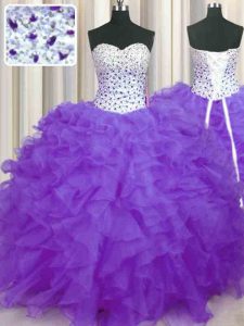 Noble Lavender Lace Up Quinceanera Dresses Beading and Ruffles Sleeveless Floor Length