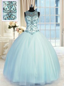 Scoop Floor Length Lace Up Sweet 16 Dress Light Blue for Military Ball and Sweet 16 and Quinceanera with Beading