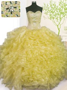 Light Yellow Sweetheart Lace Up Beading and Ruffles and Pick Ups Ball Gown Prom Dress Sleeveless