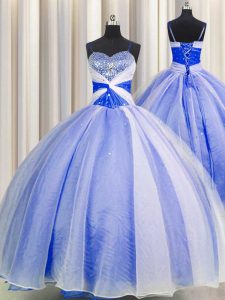 Spaghetti Straps Blue And White Sleeveless Beading and Sequins and Ruching Floor Length Sweet 16 Dress
