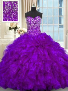 Purple Organza Lace Up Sweetheart Sleeveless Quince Ball Gowns Brush Train Beading and Ruffles