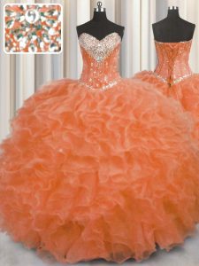 On Sale Orange Red Sleeveless Organza Lace Up Ball Gown Prom Dress for Military Ball and Sweet 16 and Quinceanera