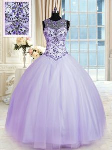 Scoop Lavender Sleeveless Floor Length Beading Lace Up 15 Quinceanera Dress
