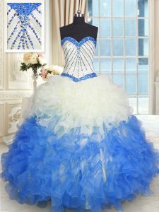 Blue And White Sleeveless Beading and Ruffles Floor Length Quinceanera Gown