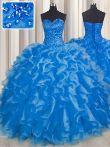 Trendy Floor Length Blue Sweet 16 Dresses Organza Sleeveless Beading and Ruffles
