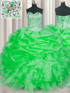 Best Selling Sleeveless Floor Length Beading and Ruffles Lace Up Vestidos de Quinceanera with Green