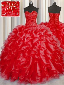 Decent Halter Top Sleeveless Beading and Ruffles Lace Up Ball Gown Prom Dress