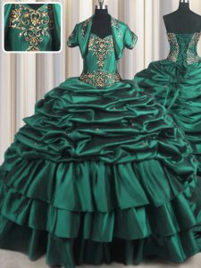Peacock Green Ball Gowns Sweetheart Sleeveless Taffeta With Brush Train Lace Up Beading and Appliques and Pick Ups Sweet 16 Dress