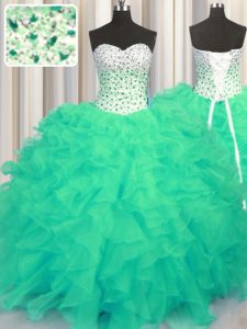 Trendy Turquoise Sweetheart Neckline Beading and Ruffles 15 Quinceanera Dress Sleeveless Lace Up