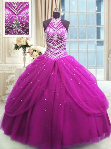 Fuchsia Ball Gowns Tulle High-neck Sleeveless Beading Floor Length Lace Up Quince Ball Gowns