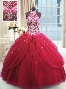 Fabulous Red 15th Birthday Dress Military Ball and Sweet 16 and Quinceanera and For with Beading High-neck Sleeveless Lace Up