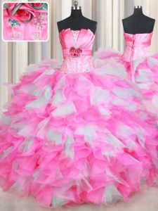 Strapless Sleeveless Quinceanera Dresses Floor Length Beading and Ruffles and Hand Made Flower Pink And White Organza