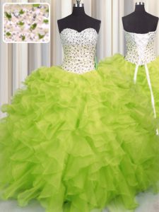Exceptional Floor Length Lace Up Sweet 16 Quinceanera Dress Yellow Green for Military Ball and Sweet 16 and Quinceanera with Beading and Ruffles