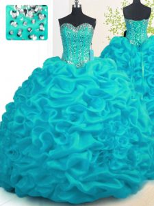 Simple Beading and Ruffles Quinceanera Dress Aqua Blue Lace Up Sleeveless With Brush Train