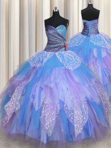 Multi-color Ball Gowns Beading and Ruching Quinceanera Gown Lace Up Tulle Sleeveless Floor Length