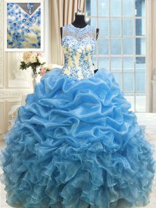 High Quality Scoop Sleeveless Quinceanera Gowns Floor Length Beading and Ruffles Baby Blue Organza