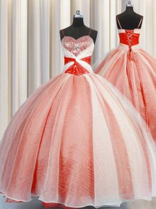 Spaghetti Straps Sleeveless Quinceanera Gowns Floor Length Beading and Sequins and Ruching Orange Red Organza