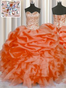 New Style Beading and Ruffles and Pick Ups Vestidos de Quinceanera Orange Red Lace Up Sleeveless Floor Length