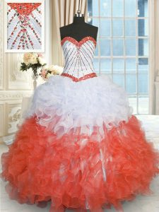 White And Red Lace Up Sweetheart Beading and Ruffles Quince Ball Gowns Organza Sleeveless