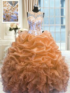 Fashion Scoop Orange Zipper Ball Gown Prom Dress Beading and Ruffles Sleeveless Floor Length