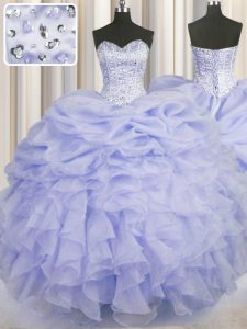 Fine Floor Length Lace Up Sweet 16 Dresses Lavender for Military Ball and Sweet 16 and Quinceanera with Beading and Ruffles