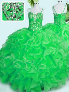 Lovely Green Sleeveless Floor Length Beading and Ruffles Lace Up Sweet 16 Quinceanera Dress