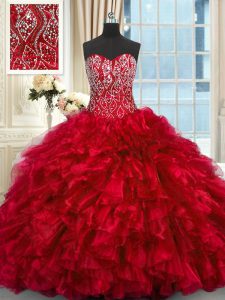 Red Sweetheart Neckline Beading and Ruffles Sweet 16 Dress Sleeveless Lace Up
