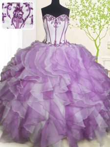 High Class Organza Sweetheart Sleeveless Lace Up Beading and Ruffles Ball Gown Prom Dress in White And Purple