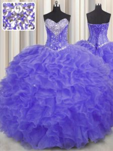 Lavender Sleeveless Organza Lace Up Ball Gown Prom Dress for Military Ball and Sweet 16 and Quinceanera
