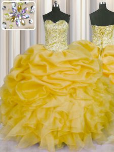 Great Sweetheart Sleeveless Ball Gown Prom Dress Floor Length Beading and Ruffles and Pick Ups Gold Organza