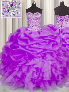 Decent Purple Organza Lace Up Sweetheart Sleeveless Floor Length 15th Birthday Dress Beading and Ruffles and Pick Ups