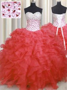 Unique Ball Gowns 15th Birthday Dress Watermelon Red Sweetheart Organza Sleeveless Floor Length Lace Up
