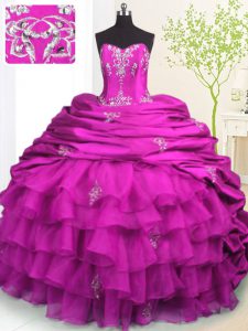Beauteous Fuchsia Sleeveless With Train Beading and Appliques and Ruffled Layers and Pick Ups Lace Up Vestidos de Quinceanera