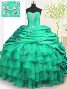 Turquoise Organza and Taffeta Lace Up Strapless Sleeveless With Train Quinceanera Gowns Brush Train Beading and Appliques and Ruffled Layers and Pick Ups