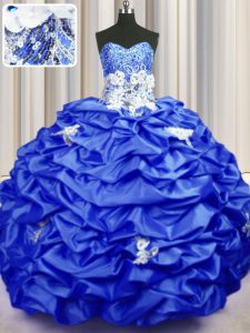 Edgy Sequins Pick Ups Royal Blue Sleeveless Taffeta Brush Train Lace Up Sweet 16 Dresses for Military Ball and Sweet 16 and Quinceanera