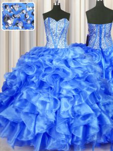 Edgy Blue Sleeveless Organza Lace Up Sweet 16 Dress for Military Ball and Sweet 16 and Quinceanera